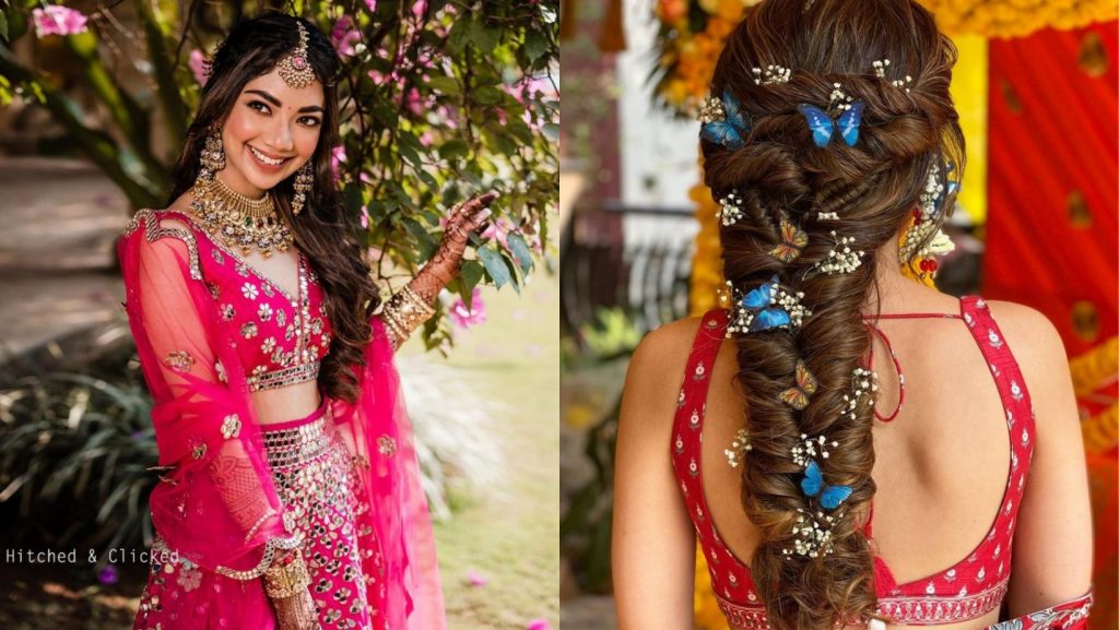 Photo of Long wavy hair and subtle makeup with pastel lehenga